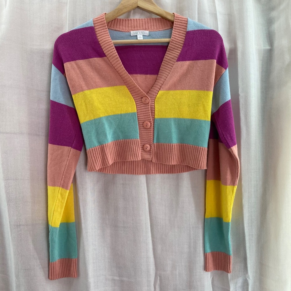 Abound Cropped Cardigan Sweater Colorful Striped V Neck Knit‎ XS